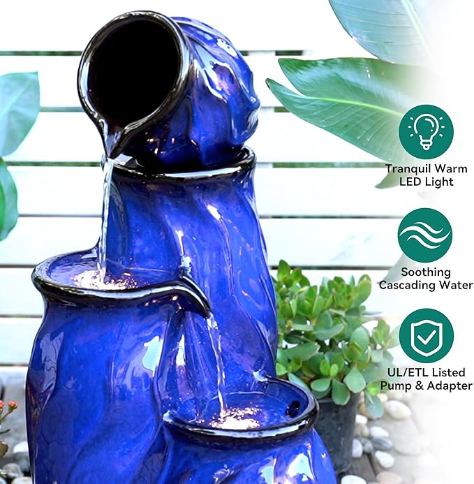 29" Ceramic Water Fountain Outdoor, 4-Tier Dynamic Wavy Outdoor Fountain with Artistic Cobalt Blue Glaze, Decorative Water Feature, Cascading Waterfalls for Serene Garden Patio Yard Porch Decor