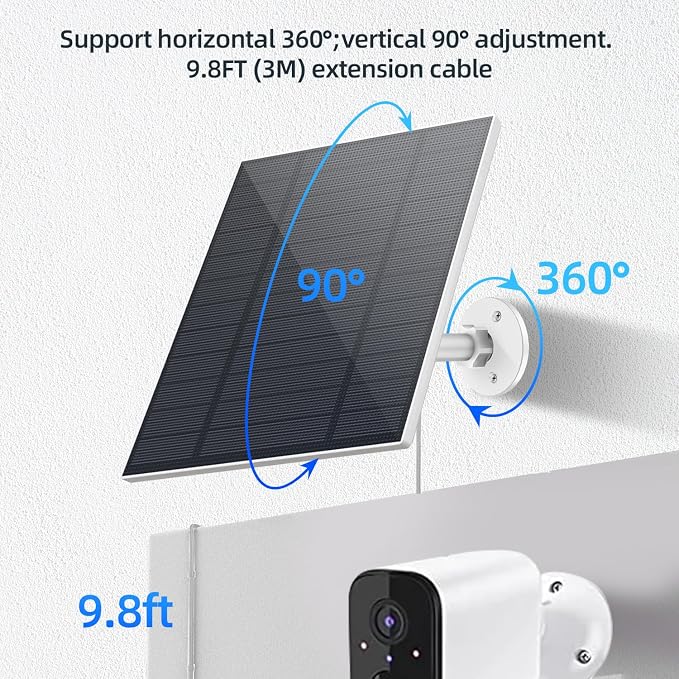 5W Solar Panel for Security Camera, Solar Panel with Micro USB & USB-C Port for DC 5V Outdoor Rechargeable Battery Camera, IP65 Waterproof, 360?? Adjustable Security Mount, 9.8ft Cable(White 1PC) - Image 6