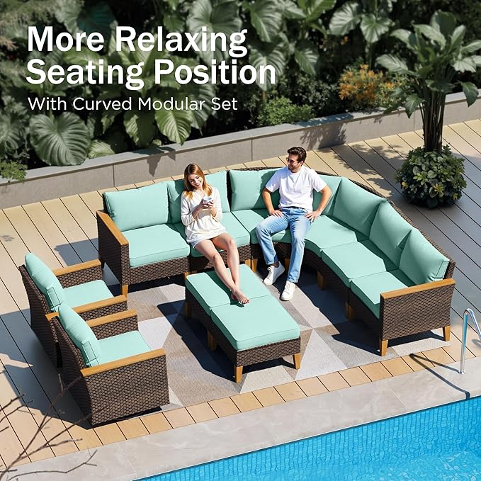PHI VILLA 7-Piece Curved Patio Furniture Set, Half-Moon Wicker Sectional Furniture Sofa Set for 8 Seats with 1 Curved Sectionals, 2 armless Seats, 2 one armrest Sofas and 2 Ottomans, Aqua Blue