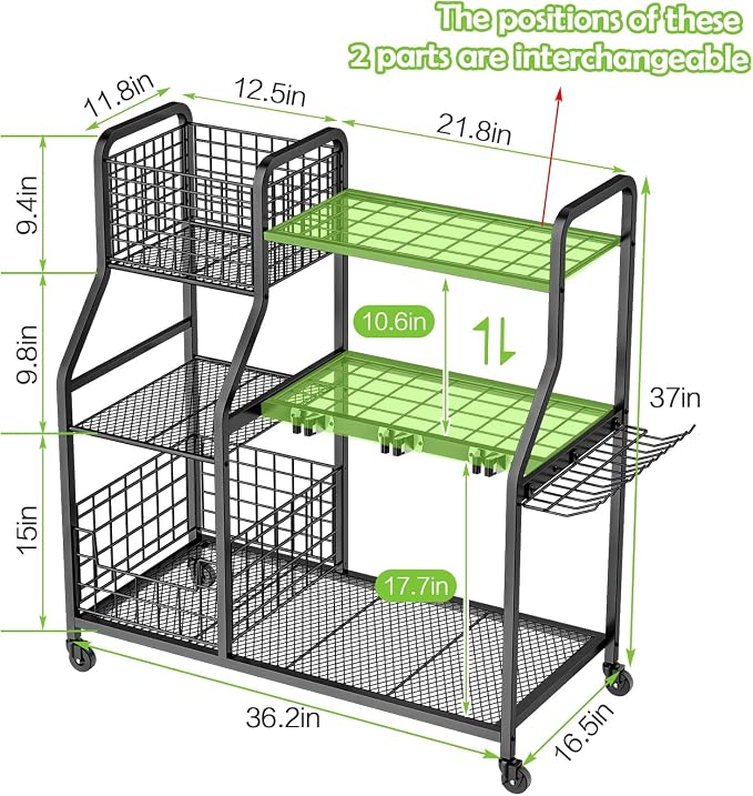 keomaisyto Garden Tool Organizer with Heavy Duty Wheels for Garage - with 2 Baskets, Large Yard Tool Organizer and Storage Holder, Utility Garden Tool Rack for/Shed/Garage/Yard/Basement/Lawn - Image 6