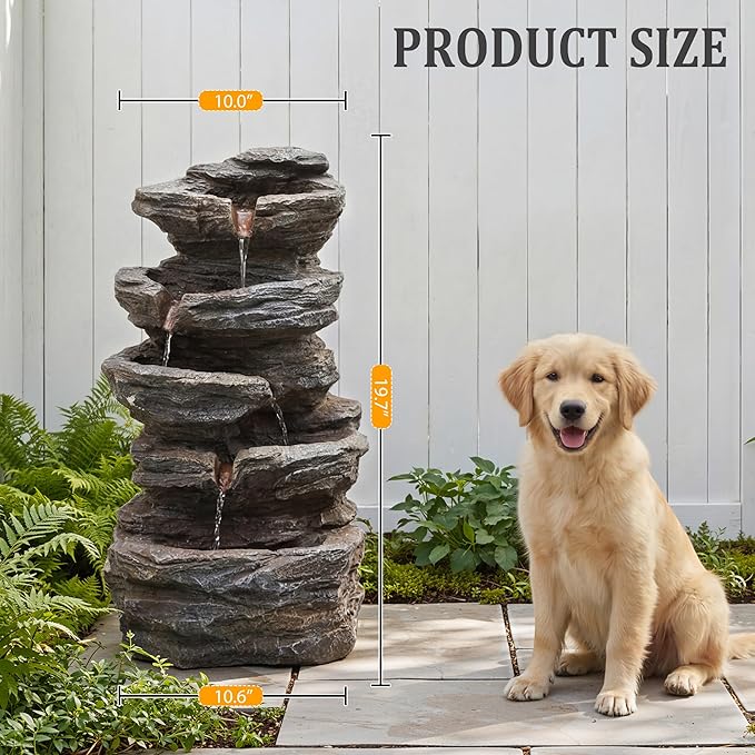 19.7" Tall Outdoor Water Fountain, 5 Tier Cascading Bowls and Stacked Water Fountain with LED Lights, for Yard Décor, Backyard, Patio and Deck (19.7'')