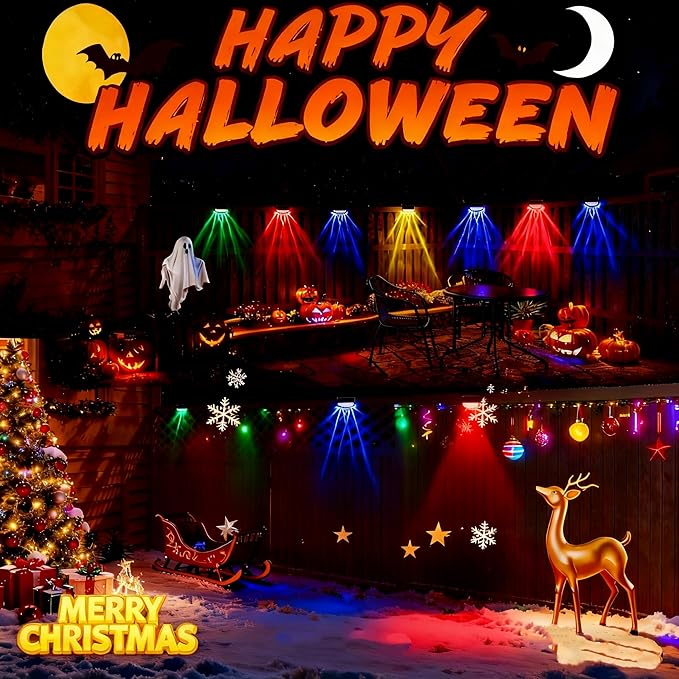 Solar Fence Lights Outdoor,6 Pack Solar Deck Lights,8 Fixed Colors ＆ Color Changing Modern Solar Powered,Waterproof LED for Step Stair Patio Backyard Porch Railing Halloween Christmas