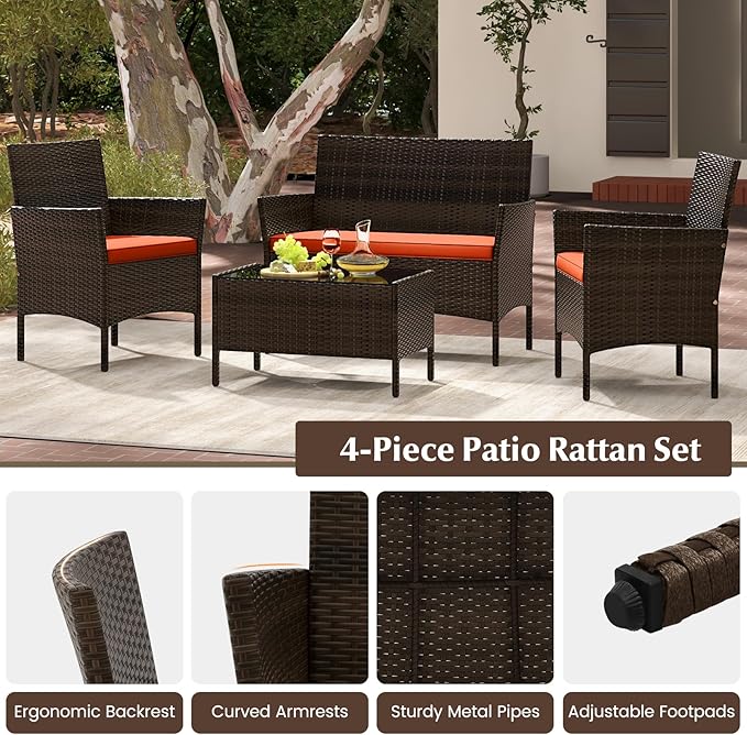 KOTEK 4 Piece Patio Furniture Set, Outdoor Rattan Conversation Set with Loveseat, Wicker Chairs, Tempered Glass Coffee Table, Wicker Patio Set for Backyard, Porch (Orange)