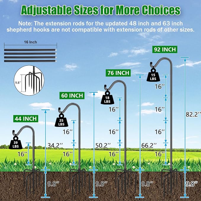 FEED GARDEN 92 Inch Adjustable Outdoor Shepherds Hook Bird Feeder Pole with 7 Prongs Base, Premium Steel Heavy Duty Tall Shepards Hooks for Hanging Bird Feeders, Plant Basket, Lanterns, 1 Pack - Image 4
