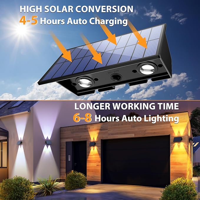 Solar Fence Lights,6Pack Solar Lights Outdoor Warm White & Natural Light & Cool White Up & Down Solar Wall Lights Waterproof 100 Lumens Fence Light forBackyard/Pool/Railing/Patio/Porch/Step