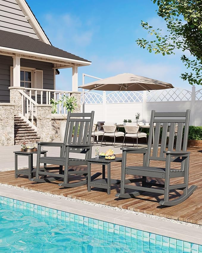 Garvee HDPE Rocking Chair Outdoor Set of 4 with 2 Side Table - Poly High Back Porch Rocker Chairs for Adults - All Weather Resistant Furniture for Patio Front Porch - Gray - Image 6