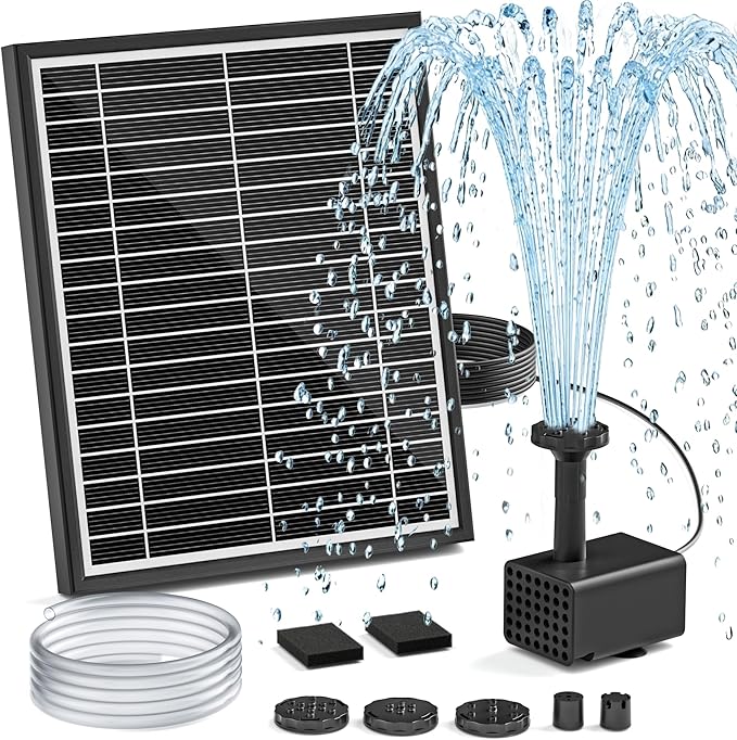 Solar Fountain Pump for Bird Bath, 5.5W Solar Pond Pump with 9.8ft Power Cord, 5 Spray Modes & 4ft Hose, Dry-Run Protection Solar Water Pump for Small Pond Fish Tank Garden Water Features