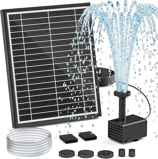 Solar Fountain Pump for Bird Bath, 5.5W Solar Pond Pump with 9.8ft Power Cord, 5 Spray Modes & 4ft Hose, Dry-Run Protection Solar Water Pump for Small Pond Fish Tank Garden Water Features