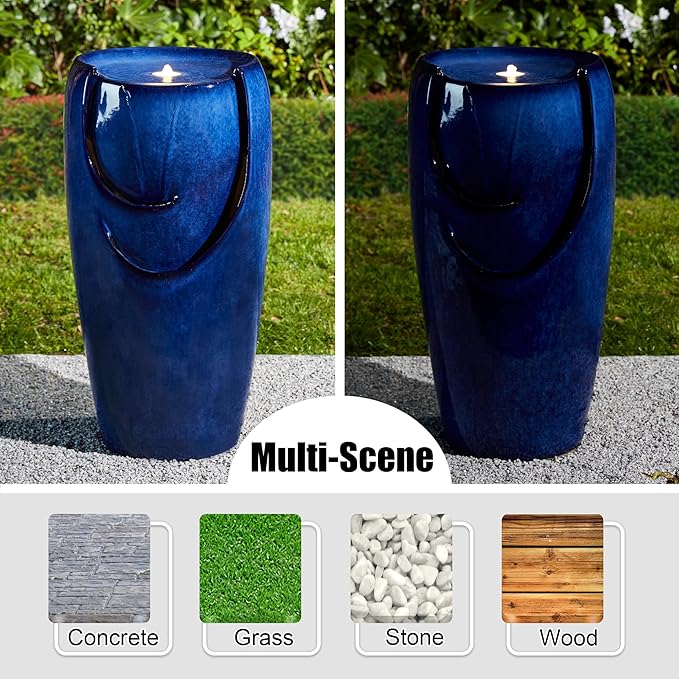Glitzhome 29.25" H Tall Outdoor Ceramic Jar Water Fountain with LED Light and Submersible Pump Vase Floor Freestanding Water Fountain for Patio Garden Yard Art Decor, Cobalt Blue