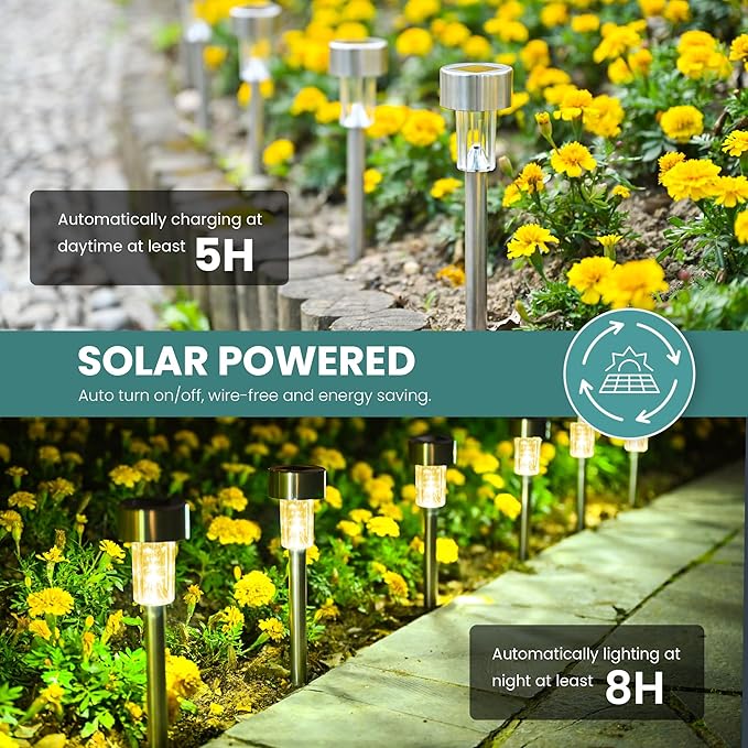 GIGALUMI 24 Pack Solar Path Lights Outdoor,Solar Lights Outdoor Waterproof,Stainless Steel LED Landscape Lighting,Solar Garden Lights for Driveway,Pathway,Patio,Yard