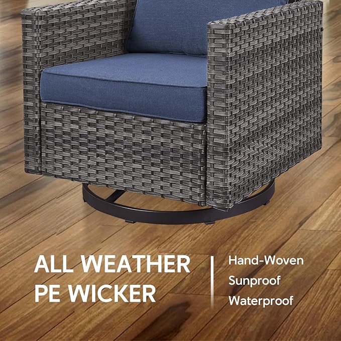 Outdoor Swivel Rocker Chairs Set of 4 with Fire Pit Table - 5 Peice Wicker Patio Furniture Set Conversation Set with 50,000 BTU Fire Pit for Deck Backyard - Grey Wicker Blue Cushion