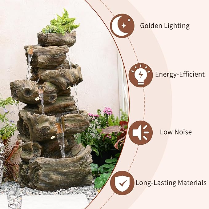 40.5" H Outdoor Water Fountain 5 Tiers Large Cascading Wooden Imitative Wood Natural Waterfall Outdoor Fountain Resin Imitation Wood with LED Lights for Garden, Patio, Porch
