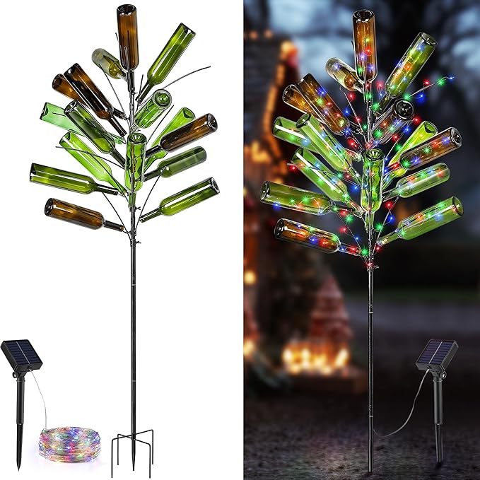 Meonum Solar Light Bottle Tree, 61" Metal Garden Sculpture for Yard & Patio Decor, Colorful Outdoor Wine Holder for Garden & Lawn Decoration, Holds 24 Glass Containers(Black)
