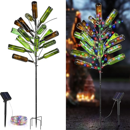 Meonum Solar Light Bottle Tree, 61" Metal Garden Sculpture for Yard & Patio Decor, Colorful Outdoor Wine Holder for Garden & Lawn Decoration, Holds 24 Glass Containers(Black)