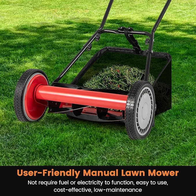 16" Manual Rear Mower, Push Lawn Mower with 5 Steel Blades, Adjustable Cutting Heights & Grass Catcher Bag, Walk-Behind Grass Cutter Lawn Sweeper for Garden, Park & Yard (Red) - Image 8