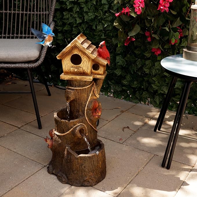 Alpine Corporation ZEN552 Outdoor Multitiered Birdhouse with Cardinal and Squirrels Water Floor Fountain for Patios, Gardens, and Yard Decor, 24" H, Brown