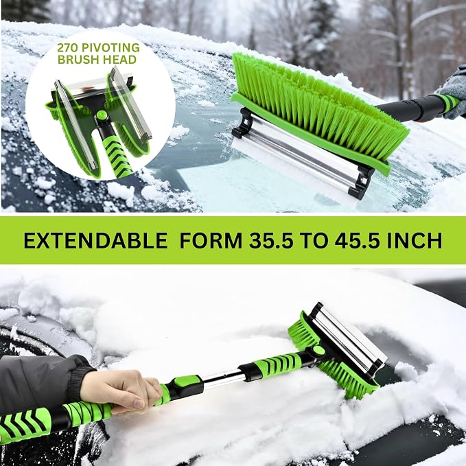 ShouRong Snow Shovel & Ice Scrapers for Car Windshield, Snow Brush and Ice Scraper with Squeegee, Snow Removal Tool, Winter Car Accessories,Extendable Aluminum Handle, 180°Pivoting Brush Head, Green - Image 4
