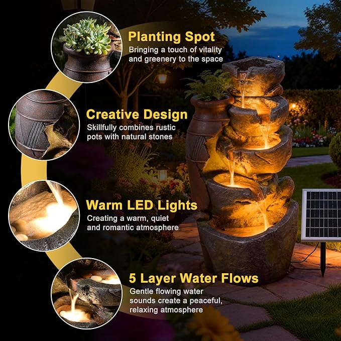 5-Tiers Solar Powered Cascading Rock Jar Water Fountain Outdoor, 31.7" H Outside Fountains and Waterfalls with 4 LED Lights for Patio, Deck, Porch, Backyard and Home Art Docor