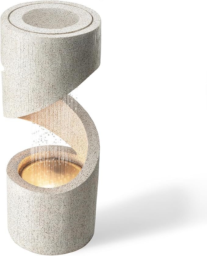 Glitzhome Outdoor Water Fountain with LED Light, Spiral Tiered Water Fountain Outdoor with Stone Planter, Modern Curved Waterfalls Feature Fountains for Garden Patio Porch, 31.3”H