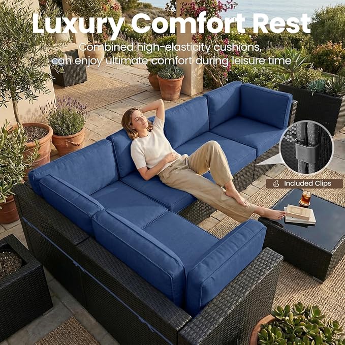8 Pieces Patio Furniture Set with 44" Propane Gas Fire Pit Table, Outdoor Sectional Wicker Conversation Sofa Sets with Coffee Table