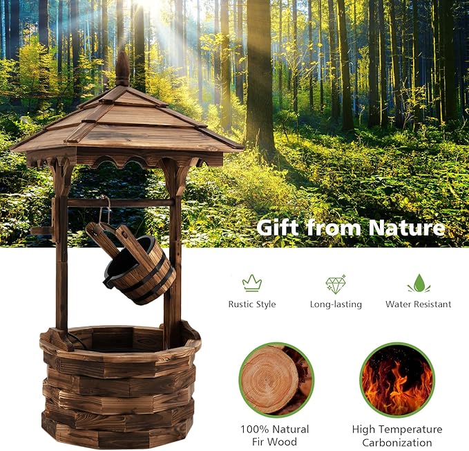 Giantex Rustic Wishing Well Fountain, Outdoor Wooden Water Fountain with Electric Pump, 5 Adjustable Water Flow Rates, Water Bucket, Freestanding Decorative Wishing Well for Backyard Patio Garden