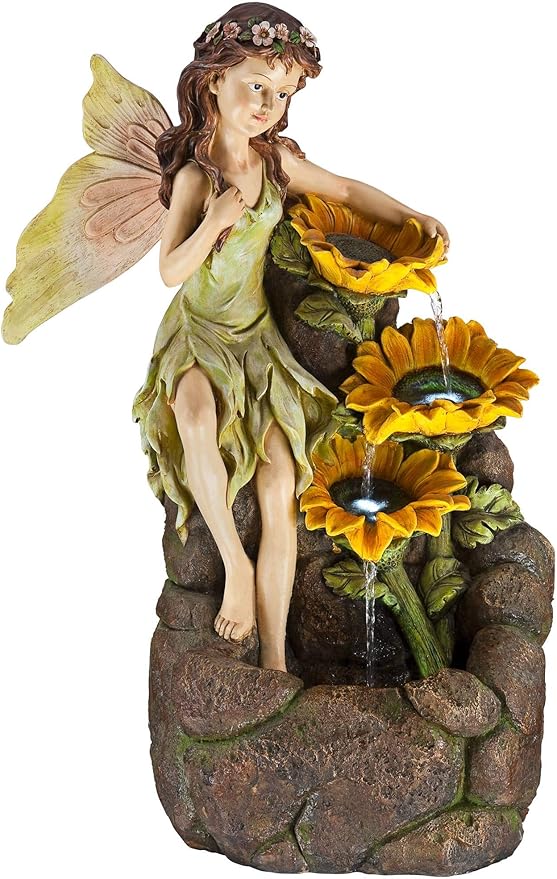 Garden Fairy with Sunflowers 26" High Large Modern Indoor Outdoor Cottage Core Decor Faux Stone Floor Fountain with Light LED Cascading Water Feature for Outside Patio Yard Backyard - John Timberland