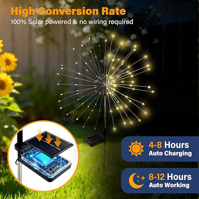 Solar Garden Lights Outdoor Decorative, 2pack 120 LED Firework Lights Waterproof???Solar Fairy Lights for Outside,Garden,Yard, Patio,Pathway,Flowerbed,Party(Warm White)