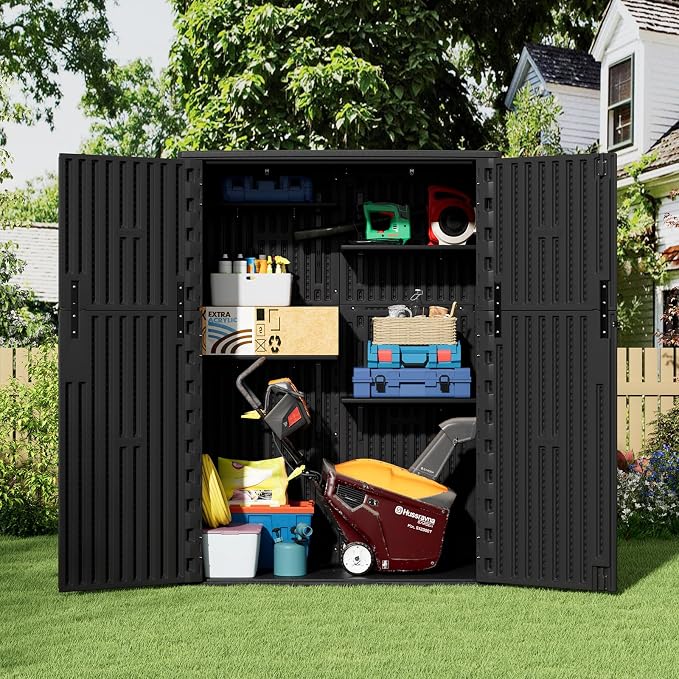 ZZM 57 Cu.ft Outdoor Storage Shed HDPE Storage Cabinet, Double-Wall Resin Sheds with Floor Vertical Lockable Sheds Garden Tools Trash Can, Lawn Mower, Patio Storage, Waterproof, All Black - Image 2