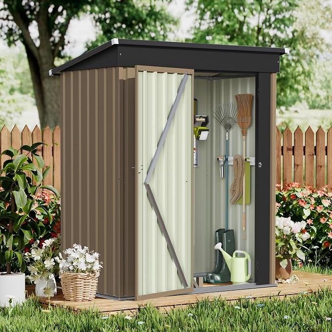 GUNJI 5 x 3 FT Shed Outdoor Storage Shed Metal Garden Shed with Lockable Door Outside Waterproof Tool Shed for Backyard, Patio, Lawn (Brown) by GUNJI