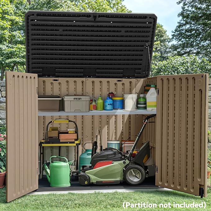YITAHOME Large Outdoor Horizontal Storage Shed, 47 cu ft Resin Tool Shed w/o Shelf, Outdoor Waterproof Storage with Floor for Trash Cans, Garden Tools, Lawn Mower, Lockable, 4.5x2.8x3.9 ft, Brown - Image 4