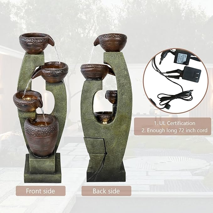 Naturefalls 40" Tall Outdoor Water Fountain and Waterfalls - Large Garden Fountain with LED Lights, 4-Tier Crocks, Indoor and Outdoor Fountains for Garden, Patio, Deck, Porch, Backyard and Home, Gray