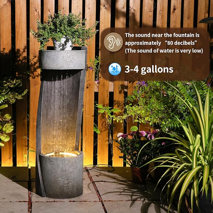 35" Modern Outdoor Patio Water Fountain & Rainfall Feature – Resin Garden Waterfall Fountain with Light Spiral Indoor Water Feature for Patio, Yard, Porch Decor – Gray