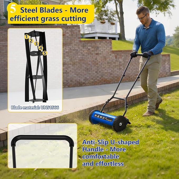 14-Inch Reel Lawn Mower with Tool-Free Blade Adjustment, 5-Blade Manual Push Lawn Mower, 5-Position Height Adjustable Hand Push Reel Mower for Small Yards - Image 4