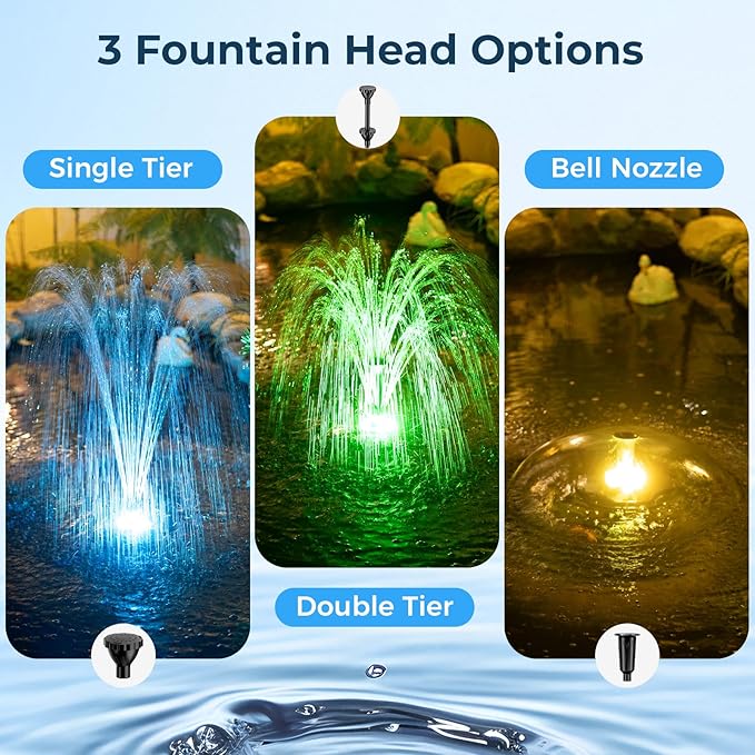 POPOSOAP Floating Pond Fountain with RGB LED Lights, 660GPH Pond Pump 30Ft Cable Length with 3 Modes Sprinkler & 65.6Ft Mooring Line, Floating Fountain for Outdoor Pond