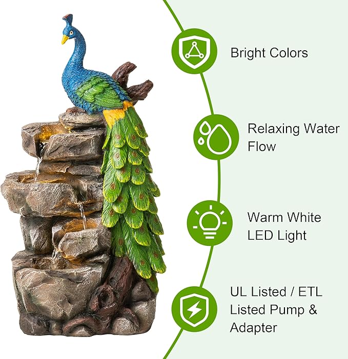 Glitzhome Outdoor Water Fountain,20.5" H Polyresin Outdoor Fountain with Lights, 4-Tierd Peacock W/Stacked Stone Decorative Waterfall Feature Garden Fountain with Pump for Garden, Patio, Porch Decor