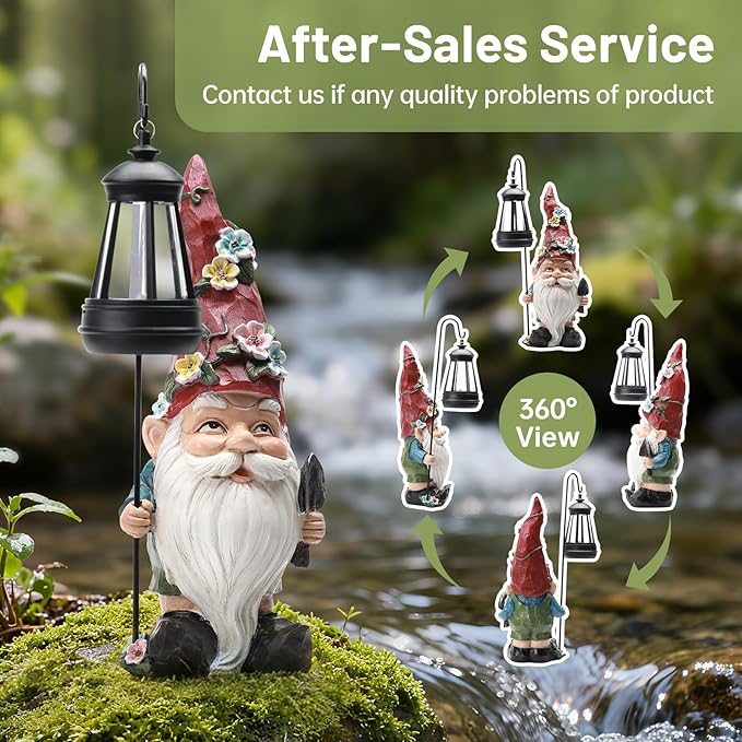 Garden Gnomes Statue with Solar Lantern, Outdoor Gnome Decorations for Yard, Outdoor Figurine Ornament with LED Lights for Patio Lawn, Valentine's Day Birthday Gift for Women Mom Grandma