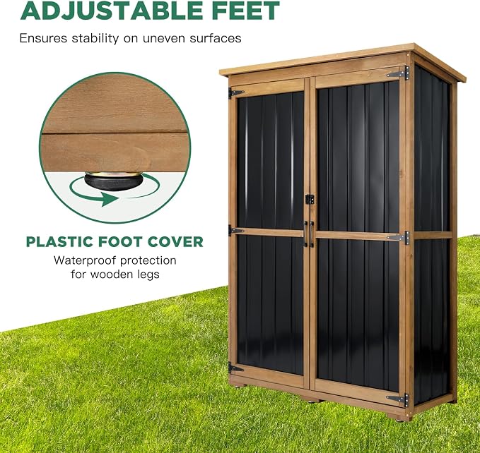 Outdoor Storage Cabinet Waterproof with Shelves, Outdoor Storage Shed Garage Cabinet Weatherproof, Wood & Metal Outside Patio Backyard Garden Pool Storage Tool Organizer - Image 6