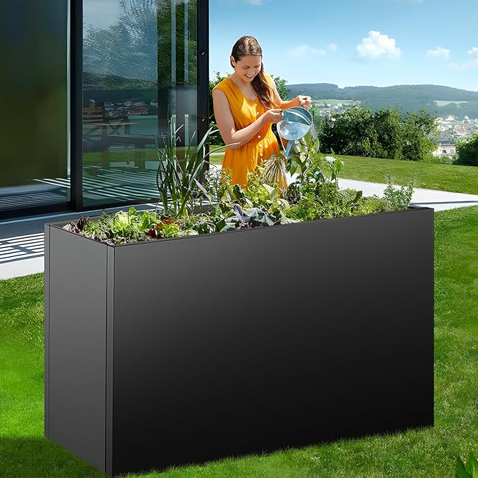 40"x16"x24" Steel Planter Box, Heavy Duty Galvanized Metal Planter with Drainage Hole, Rust-Resistant Indoor & Outdoor Planter for Patio, Balcony, Garden Black