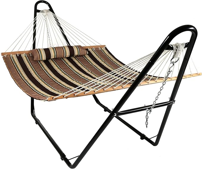 Sunnydaze Double Quilted Fabric Hammock with Universal Steel Stand - 450-Pound Capacity - Black Stand - Sandy Beach by SunnydazeDecor