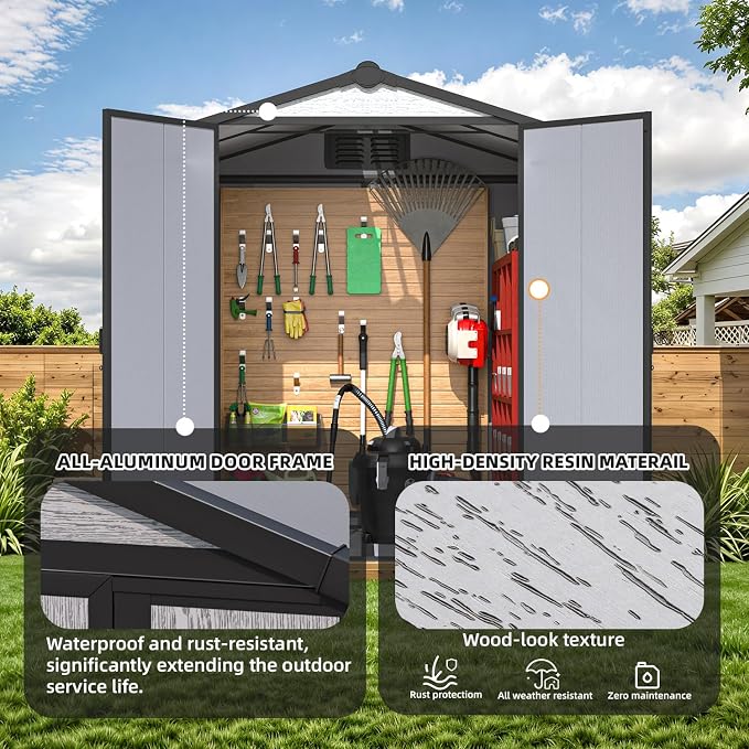 MELLCOM 6x4 FT Resin Outdoor Storage Tool Shed with Windows and Lockable Door, Garden Storage Shed with Floor, Resin Outdoor Shed for Bike, Garbage Can, Lawnmower - Image 7