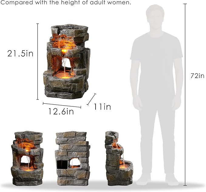 Kalona Outdoor Waterfall Fountain with LED Lights - 3-Tier Resin Rock Water Feature for Garden Patio Backyard, 21.5" Tall Fountain Decor 24392
