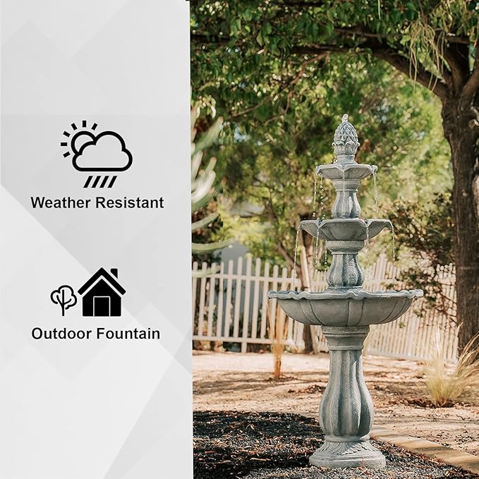 XBrand 51" 3-Tier Outdoor Freestanding Waterfall Fountain with Pump and Pineapple Finial, Gray