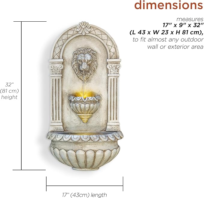 Alpine Corporation TZL160 Indoor/Outdoor Floor Lion Head Wall Fountain with LED Lights, Wall-Mounted Waterfall, 32", Ivory