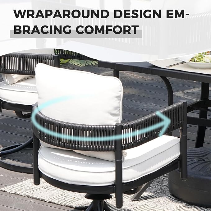 Grand patio 7 PCS Outdoor Dining Set, Patio Table and Chairs Set for 6, Metal Woven Wicker Swivel Patio Chairs with Thickened Cushions & 1 Rectangular Woodgrain Dining Table with Umbrella Hole (Black) - Image 5