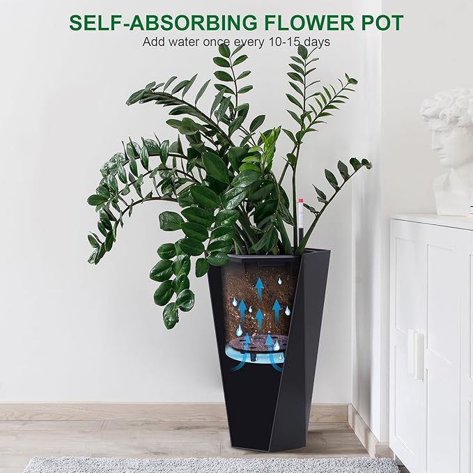 GarveeLife 22.5 in Tall Diamond Planters Set of 2, Self Watering Planters with Water Level Monitor, Flower Pots Outdoor and Indoor for Patio, Porch, Living Room, Home Office, Black