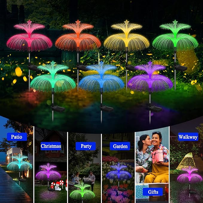 Solar Garden Lights 3 Pack New Upgraded Solar Lights Outdoor Waterproof 7 Color Changing Double Jellyfish and Star Flower Garden Decor Yard Lawn Christmas Outdoor,Gifts for Mother's Day Women