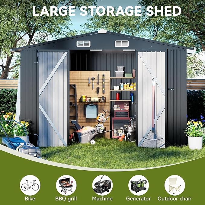 COMHOMA Shed Outdoor Storage Shed Metal,Lockable Doors Tool Sheds with Sloping Roof,Steel Garden Shed with Air Vent for Backyard,Patio,Lawn,Poolside(Grey,10'x12') - Image 4