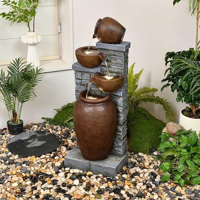 42.52" Outdoor Garden Water Fountain with Lights 4 Tiers Cascading Large Waterfall Floor Standing Fountain for Patio, Backyard, Deck, Porch and Home Art Decor