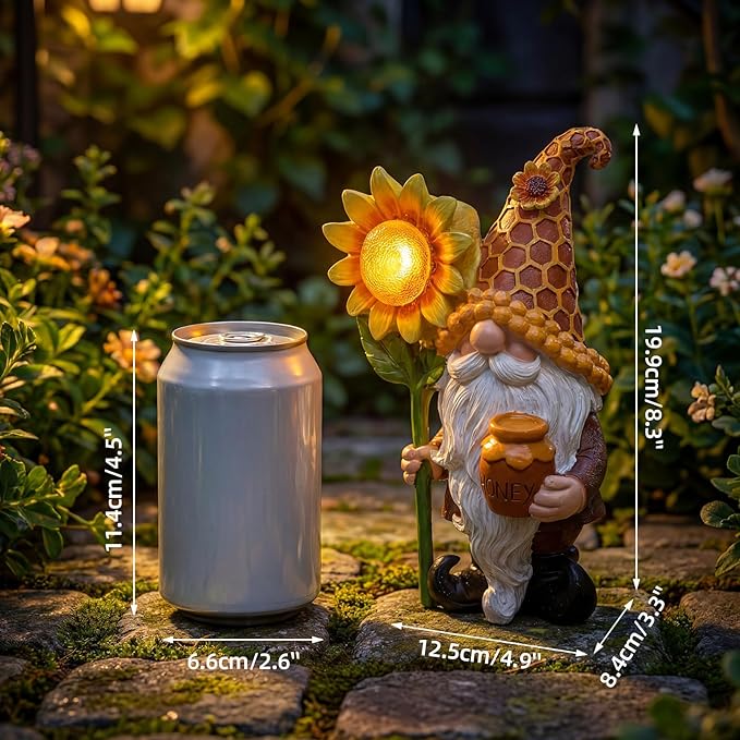 Lyeasw Solar Garden Gnome Statues with Sunflower Light - Outdoor Yard Decor - Honey Pot Gnome Figurines for Patio Lawn Walkway & Backyard, Unique Welcome Garden Gifts for Mom & Grandma