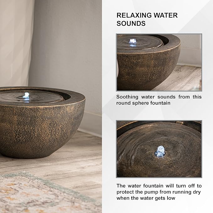 XBrand 19.8" W Round Sphere Water Fountain Indoor Outdoor with LED Light, Polyresin Bubbler Feature for Patio Garden Yard Home Décor, Bronze